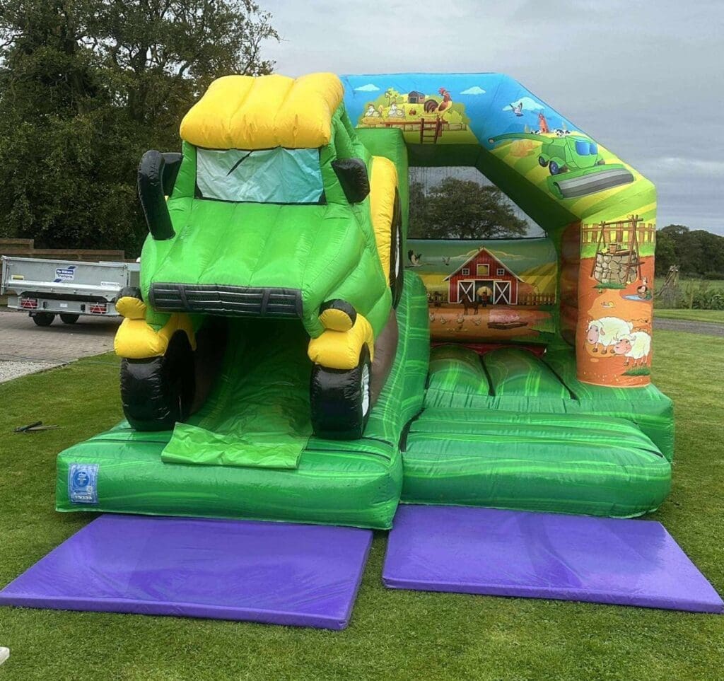 A 3d tractor themed castle with slide